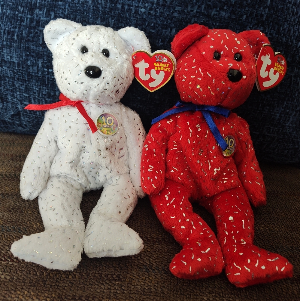 Ty Two 10th Anniversary Beanie Babies White and Red Decade Bears